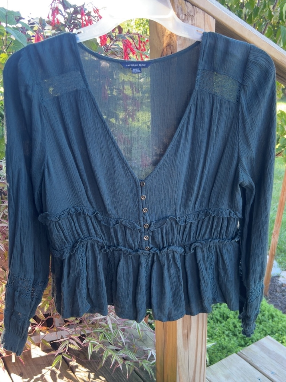 American Eagle Outfitters Teal V-Neck Button-Front Peasant Blouse